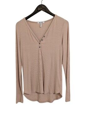 Three Dots Taupe V-Neck Long Sleeve Ribbed Henley Shirt Women's M